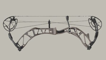 Modern compound bow with dual cams, cables, and lightweight cutout riser design