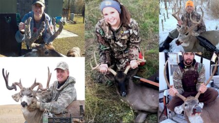 Hunters posing proudly with trophy whitetail deer bucks during hunting season