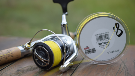 Shimano spinning reel spooled with Sufix 8-carrier braid hot yellow fishing line