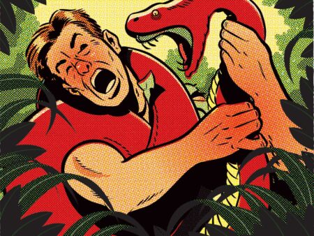 Ask Petzal: Hunting Elk with a .30/30, Why Dave Hates Muzzle Brakes, and the Attack of a Mamba-Like Snake Comic illustration of a man wrestling a red snake in a jungle.