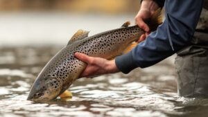 Angler holding a large brown trout over shallow river water before release.