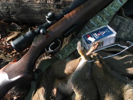 The Best Magnum Rimfire Rifles and Ammo for Squirrel Hunting Bolt-action rifle with scope, ammunition box, and harvested rabbits outdoors