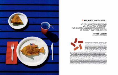 F&S Classics: Red, White, and Bluegill Magazine spread about bluegill fish featuring fried fish, pie, and blue drink on picnic table.