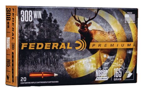 Federal Premium 308 Win 165 grain Nosler AccuBond centerfire rifle ammunition box, 20 rounds.