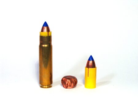 Three rifle bullets displayed showing brass casing, expanded copper projectile, and yellow sabot