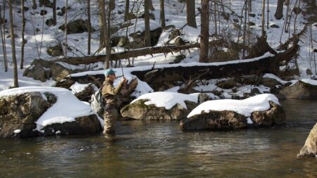 Winter Trout Fishing: Tips, Tactics, and Techniques to Land More Fish Fly fisherman wading in snowy winter river surrounded by rocks and bare trees