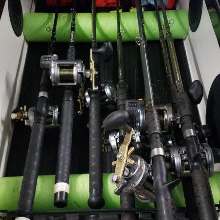 10 Fishing Uses for a Pool Noodle Multiple fishing rods with baitcasting reels stored in green foam rod holder