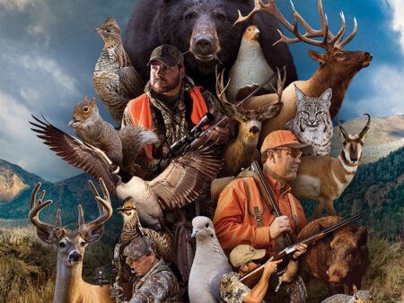 Opening Day in America Hunters in orange vests surrounded by wildlife including bear, elk, deer, and birds.