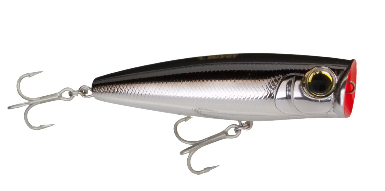 Silver and black fishing popper lure with two treble hooks on white background