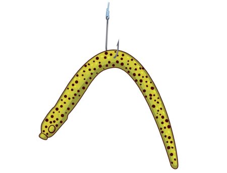 Yellow and brown spotted fishing worm lure hanging on a metal hook.