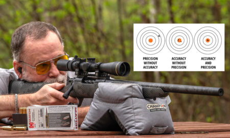 Accuracy vs Precision: Do You Know the Difference? Man aims scoped rifle at shooting range with precision accuracy target diagram inset