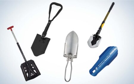 Five portable folding shovels including military, avalanche, and camping styles displayed on white background