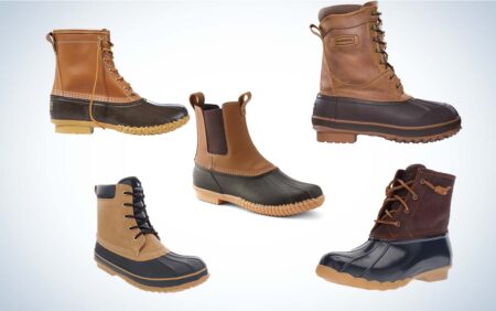Five duck boots in brown and tan leather with rubber soles displayed together