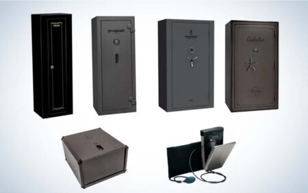 Six gun safes of various sizes from brands including ProVault, Browning, and Cabelas.