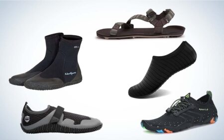 Five types of water shoes including neoprene boots, sandals, socks, and aqua sneakers