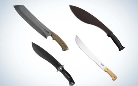 Four tactical machetes displayed including Kershaw and El Cmetro models on white background