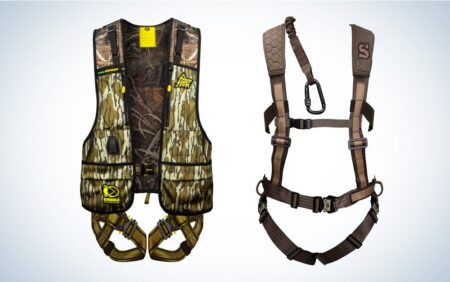 The 7 Best Tree Stand Harnesses of 2024 Two tree stand safety harnesses, one camo vest style and one brown strap style.