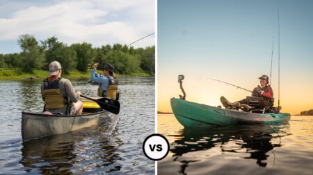 Canoe vs Kayak: Which Is Right For You? Two anglers fishing from a canoe versus one angler in a fishing kayak at sunset.