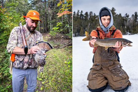 Hunter holds harvested grouse in forest while young angler displays lake trout on ice.