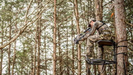 The Hottest New Crossbows for 2025 Hunter in camouflage sits in tree stand holding crossbow in forest