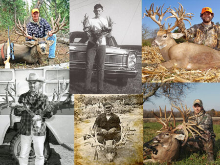 The Gnarliest Bucks To Ever Make the Books Hunters posing with trophy deer antlers in various outdoor hunting photos across decades