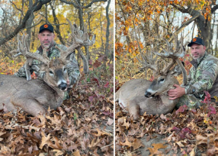 Hunter in camouflage posing with large trophy whitetail buck during fall deer season.