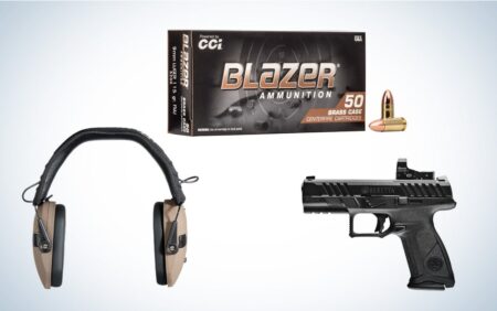 Best Deals at Cabela’s Home on the Range Sale Beretta pistol, Blazer 9mm brass case ammunition box, and tan shooting ear protection