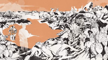 Illustrated hunters pursuing deer and wildlife through rugged desert landscape with cacti