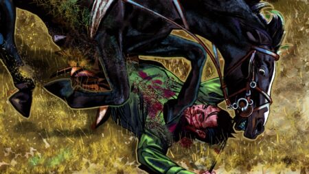 Comic art of an injured man fallen beside a dark horse in a field.