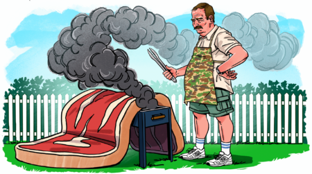 Cartoon man grilling oversized steak that produces massive smoke clouds in backyard.