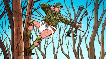 Cartoon hunter in camouflage climbing tree with compound bow and pants down