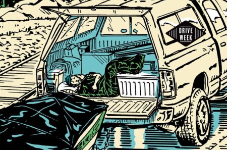 Illustrated person sleeping in SUV cargo area during Drive Week road trip camping