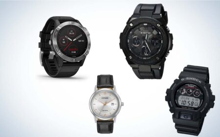 Four watches displayed: Garmin smartwatch, two Casio G-Shock, and Citizen Eco-Drive dress watch.