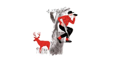 What Makes a $4 Gun Priceless? Hunter in red jacket sits in tree stand spotting deer with binoculars below