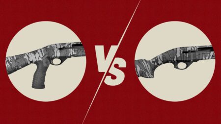 Two camouflage shotguns compared side by side in a VS graphic layout.
