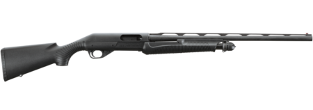 Black pump-action shotgun with synthetic stock displayed on white background