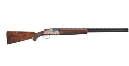 Engraved over-under double barrel shotgun with walnut stock on white background