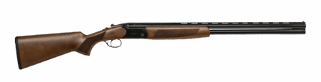 Over-under double-barrel shotgun with walnut stock on gray background