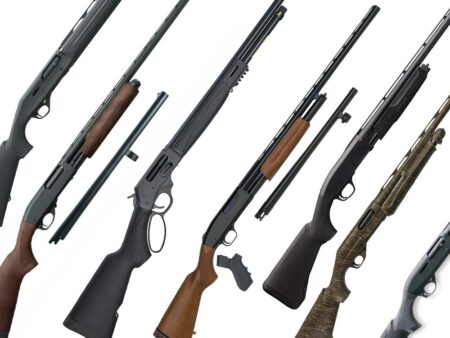 9 New and Used Shotguns for Hunting and Home Defense Collection of various pump-action and lever-action shotguns displayed on white background