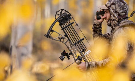 Hoyt Alpha AX-3 Compound Bow Review—Expert Tested A hunter glassing with the new Hoyt Alpha X-3 bow in hand with fall colors all around.