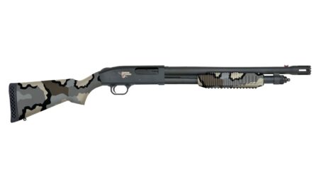 Mossberg pump-action shotgun with camouflage stock and black barrel on white background