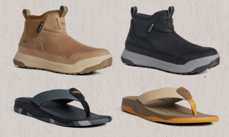 Four Forsake shoes: tan and black Chelsea boots, navy and tan flip flops displayed.