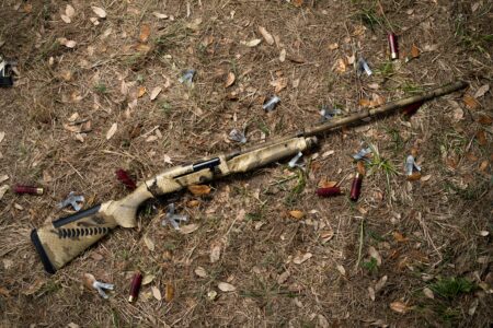 Camouflage shotgun lying on ground surrounded by spent red shotgun shells outdoors