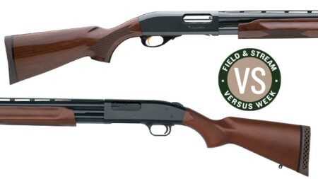 Field & Stream Versus Week comparison of two pump-action shotguns with wood stocks