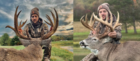 Hunter in camo poses with two large trophy whitetail bucks outdoors.