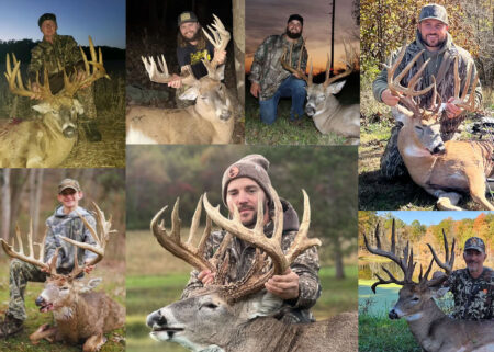 Hunters posing with trophy whitetail bucks after successful deer hunting seasons.