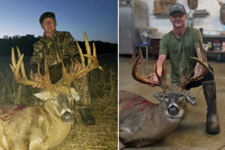 Two hunters posing proudly with large trophy whitetail bucks after successful hunts.