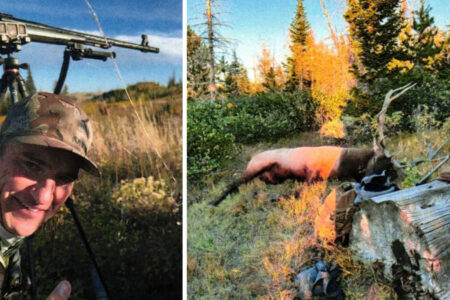 Idaho Man Charged with “Overlimiting on Elk”, Harassing Game with Helicopter, and Illegally Selling Landowner Tags Hunter in camouflage with rifle poses beside harvested elk in autumn forest.