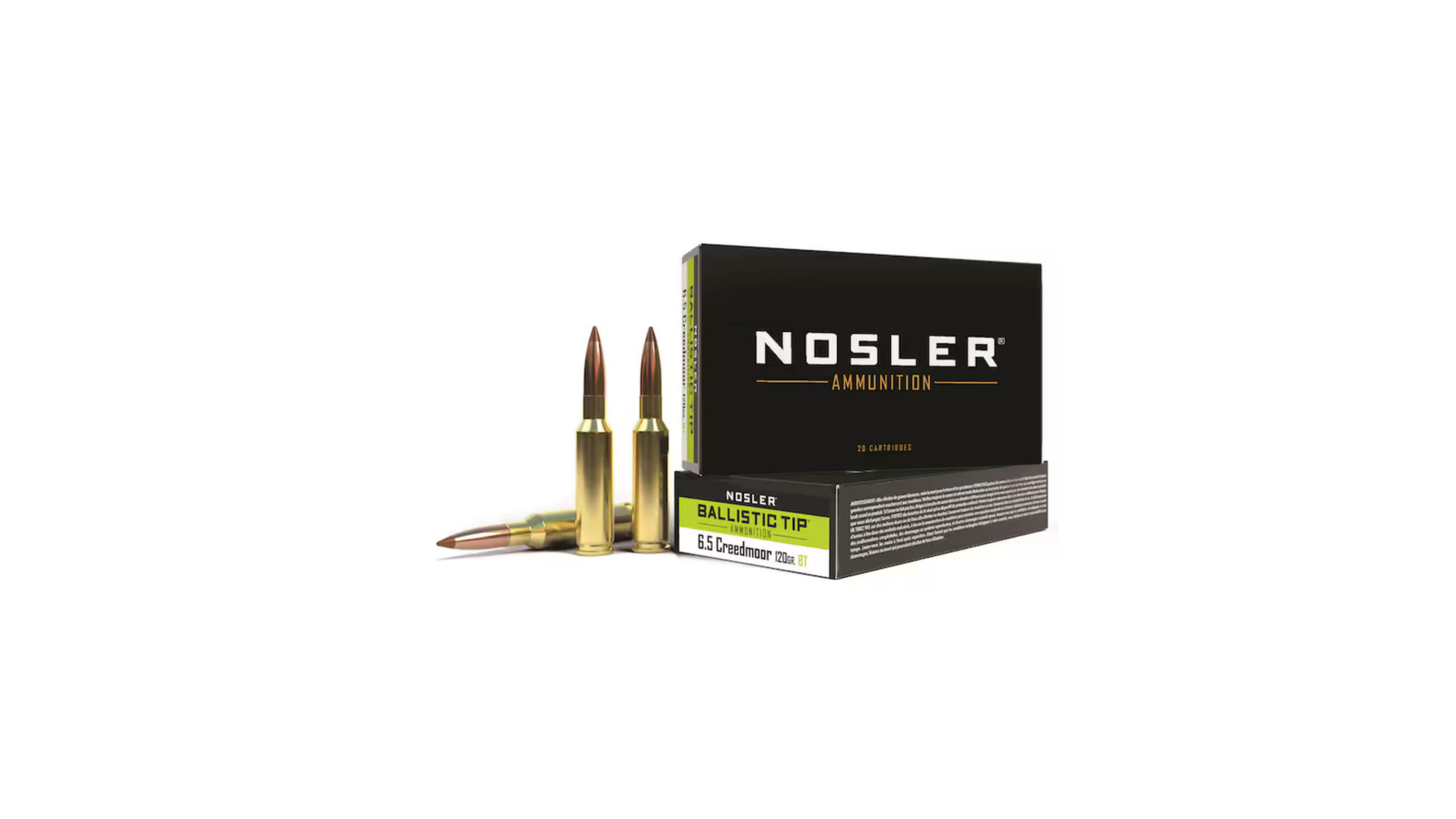 A box of Nosler ammunition next to three unfired cartridges.