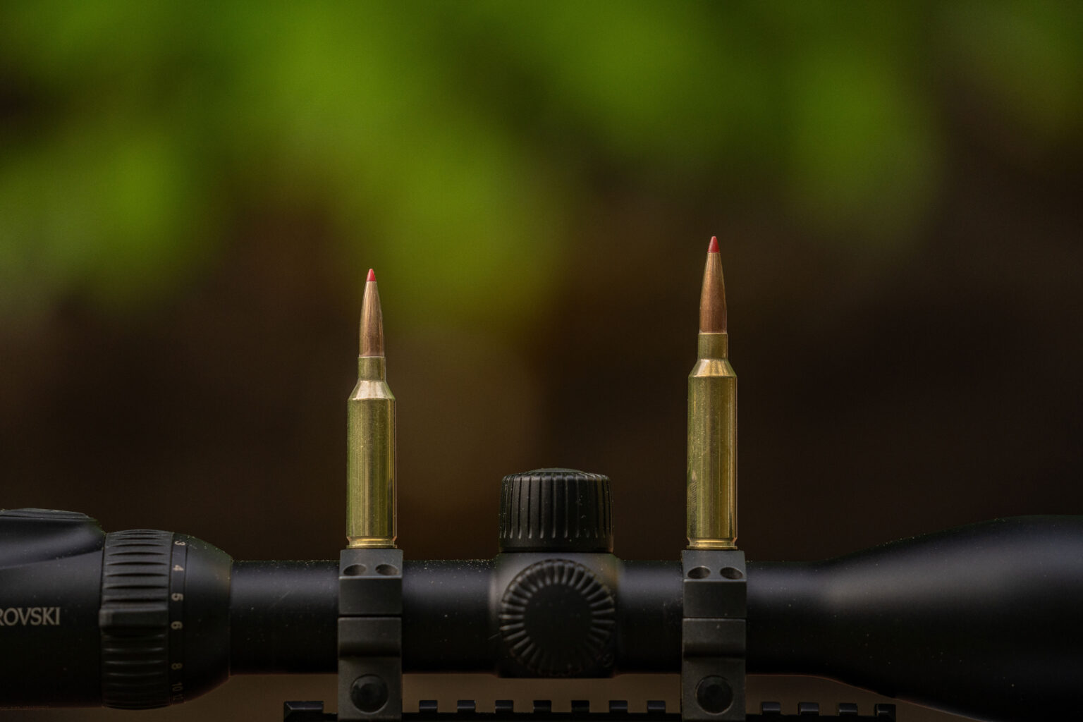 Two popular rifle cartridges side by side on a scope.
